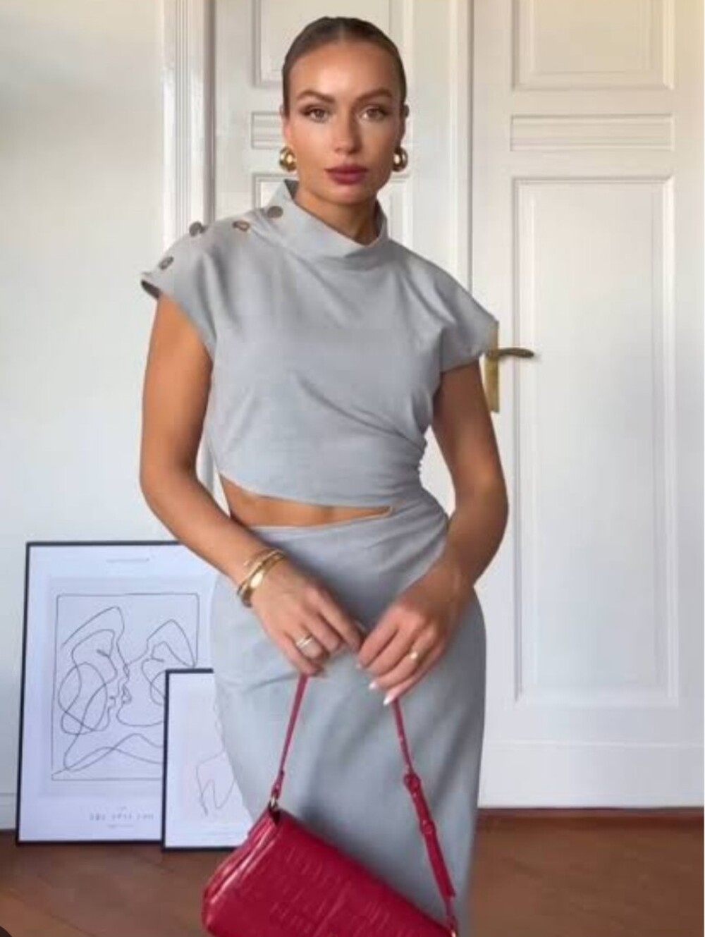 High collar cut out midi dress